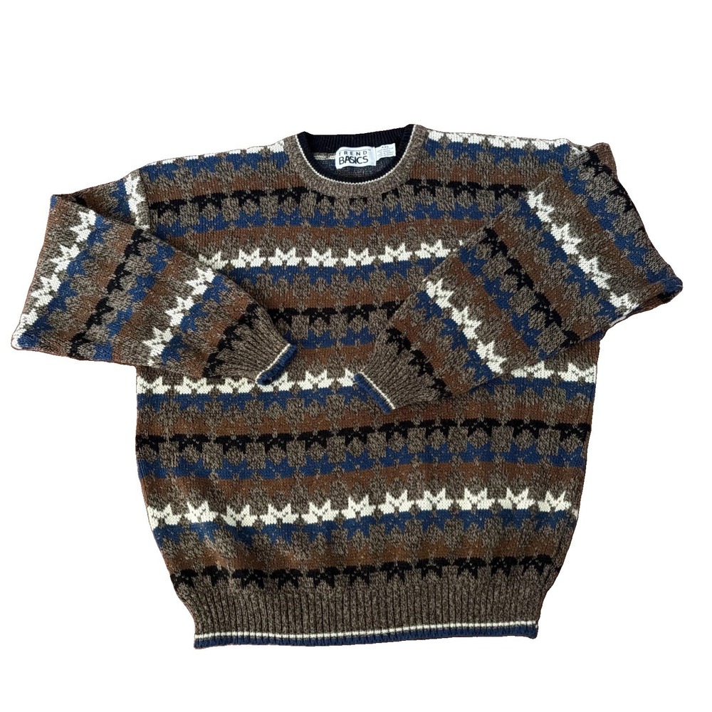 Vintage Trend Basics Mens Grandpa Sweater 2XL   Stars Brown Pullover  80s 90s